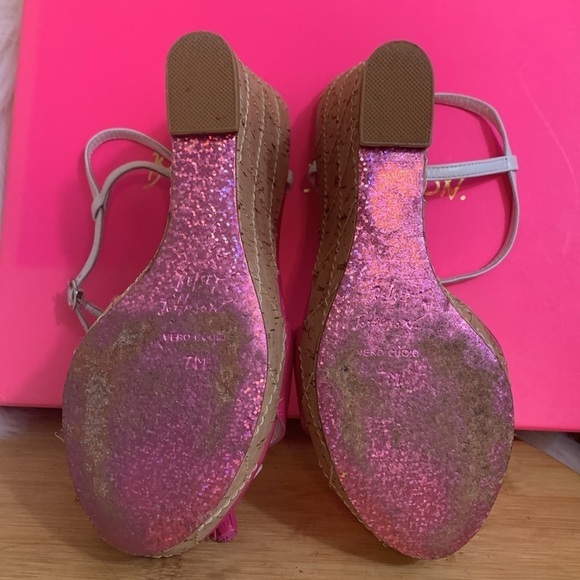 Betsey Johnson NIB Leather Honest Fuchsia Cork Wedge Platform Espadrille Heels 7 - Picture 14 of 17
